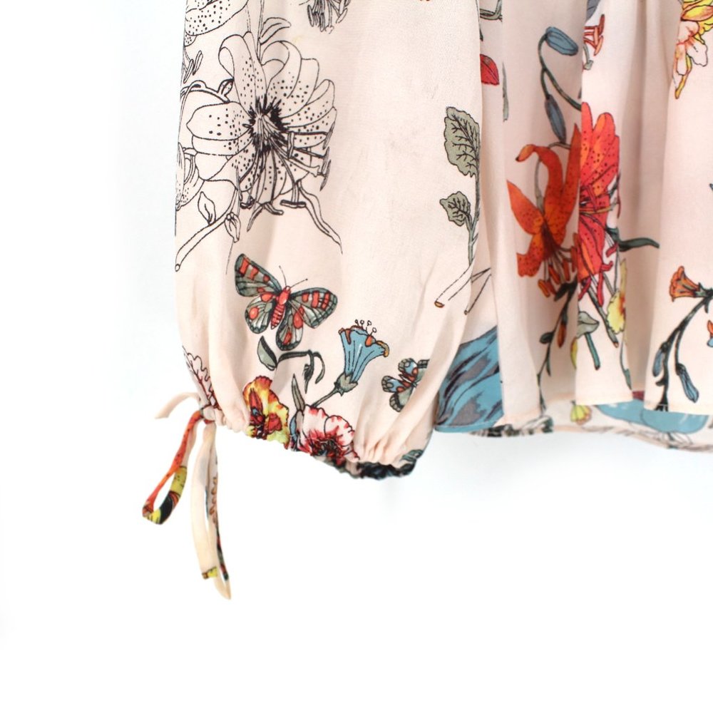 Rebecca Taylor 100%Silk Long Tie Sleeve Meadow Floral Top Pink Combo V-neck 2 - Picture 5 of 15